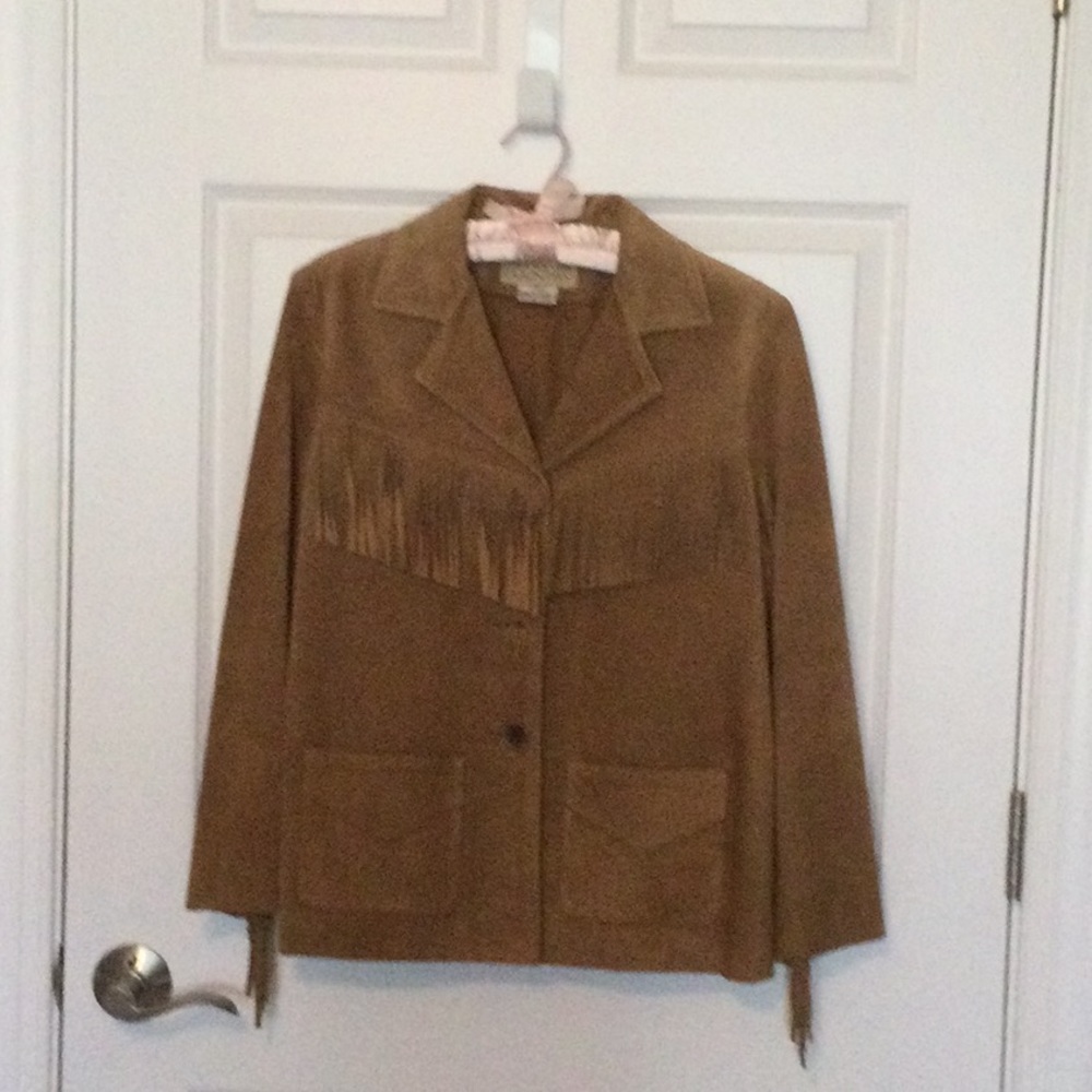 Jones New York Country Tan Suede Fringe Jacket, Size Small.
